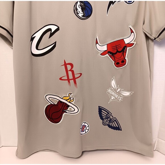 Vtg NBA Jersey Shirt Men M Tan All Over Print Patchwork Lakers Bulls Knicks Heat - Picture 9 of 11